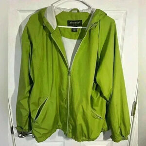 Eddie Bauer Green Rain Jacket; Women’s XXL. Zipper pockets, cinch waist and hood
